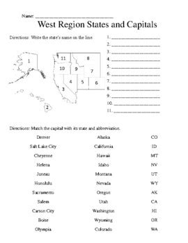 West Region States and Capitals Test by Madd About Learning | TPT