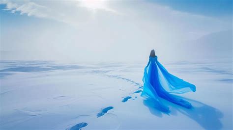 Premium Photo | A girl in a blue dress in the snow at the North Pole