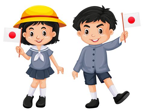 Japanese Girl And Boy Holding Flag 605636 Vector Art At Vecteezy