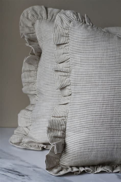 Frilled Linen Cushion Natural Stripe Hare And Wilde