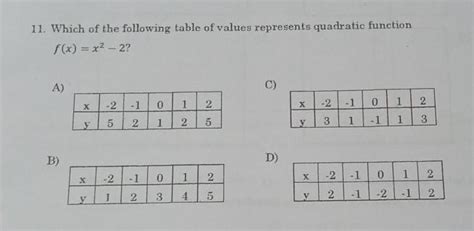 11 Which Of The Following Table Of Values Represents Quadratic