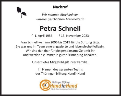 Traueranzeigen Von Petra Schnell Trauer In Thueringen De