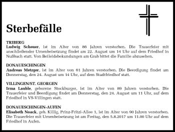 Traueranzeigen von Sterbefälle vom 22 08 2017 Schwarzwälder Bote Trauer