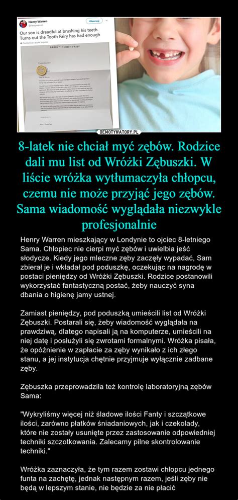 8 latek nie chciał myć zębów Rodzice dali mu list od Wróżki Zębuszki