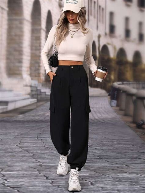 SHEIN Essnce Pantalones Cargo Con Bolsillo Con Solapa Moda De Mujer