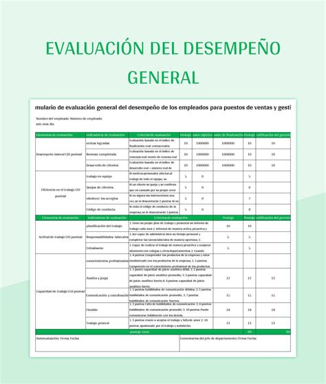 Plantilla de Formato Excel Evaluación Del Desempeño General y Hoja de