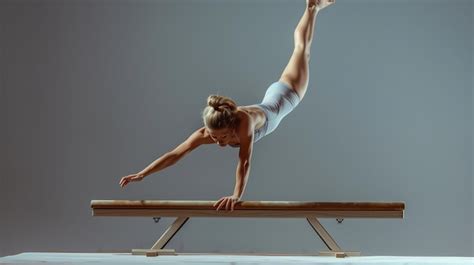 A Young Female Gymnast In A Grey Leotard Performs A Handstand On A