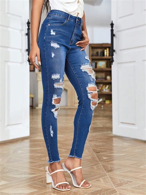 Shein Essnce Jeans Ajustados Desgarro Bajo Crudo Moda De Mujer