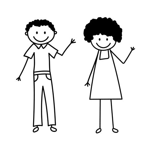 Set of doodle figures. Cute stick man and woman waving hand. Vector illustration isolated on ...