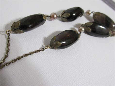 Vintage Apache Tears Obsidian Necklace Ornate End Cap Gem