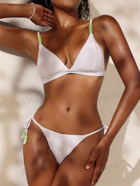 SHEIN Swim Basics Women S Beaded Decor Ribbed Swimsuit Set Bikini