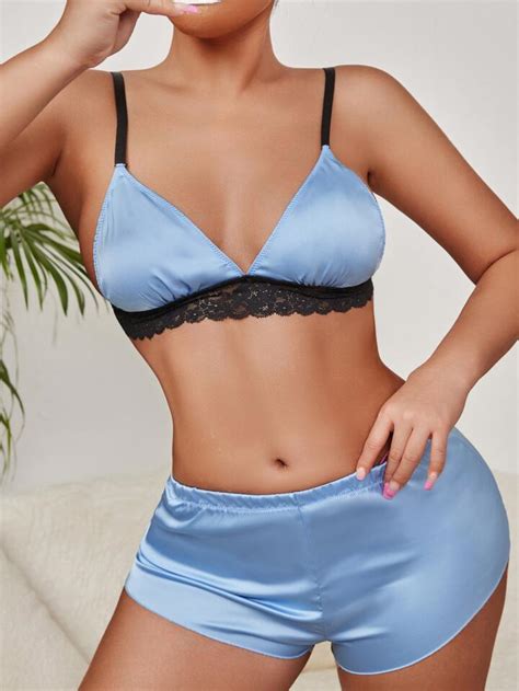 SHEIN Contrast Lace Satin Lingerie Set SHEIN