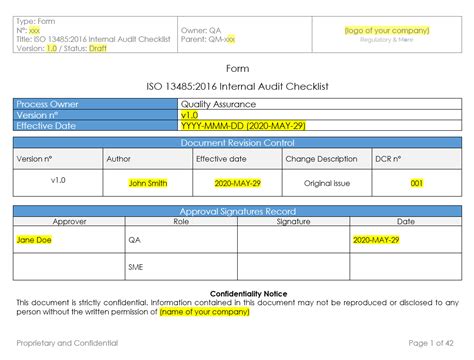 Checklist Iso 13485 2016 Internal Audit V10 Regulatory And More