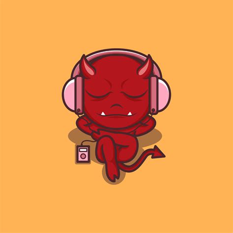 cute cartoon devil listening music with headphone 20791751 Vector Art ...