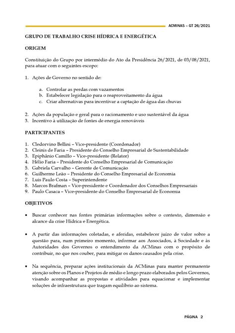 Acminas Lan A Segundo Relat Rio Do Gt De Crise H Drica E Energ Tica