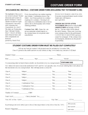 Fillable Online Student Costume Order Form Must Be Filled Out