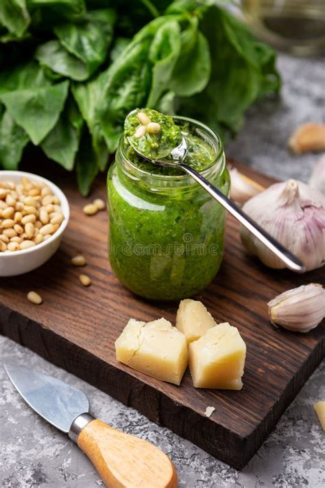 Pesto Sauce in a Bottle with Ingredients Stock Image - Image of ...