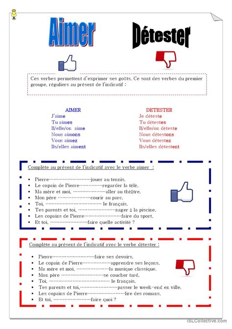 Conjuguer aimer et détester Présent Français FLE fiches pedagogiques