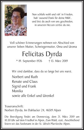 Traueranzeigen Von Felicitas Dyrda Niederrhein Nachrichten Trauerportal