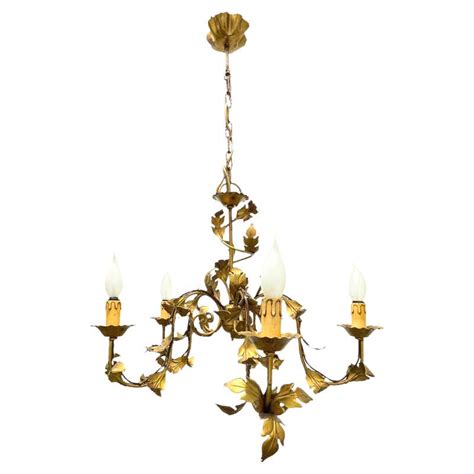 Hollywood Regency Gold Gilded Faux Bamboo Chandelier Tole Italy 1950s