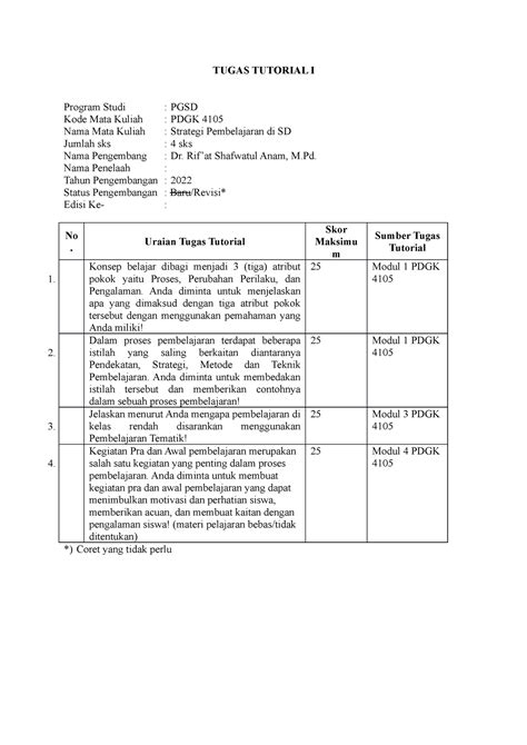 Sesi 3 Tugas Tutorial 1 TUGAS TUTORIAL I Program Studi PGSD Kode