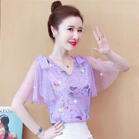 Cheap Temperament Chiffon Shirt Womens Summer Western Style All Match Casual Short Sleeved Top