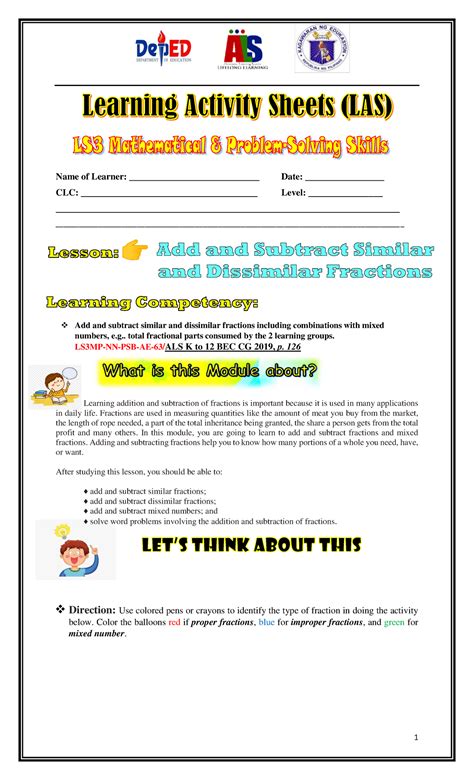 Week5-LS3-LAS-Add Subract-Similar-Dissimilar-Fractions - Name of ...