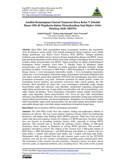 Pdf Analisis Kemampuan Literasi Numerasi Siswa Kelas V Sekolah Dasar Sd Di Mojokerto Dalam