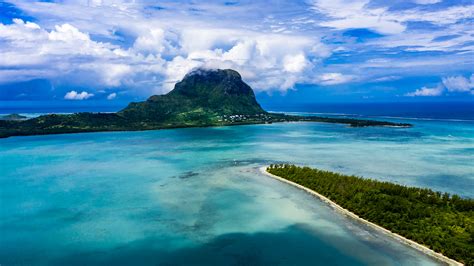 Aerial View Of Indian Ocean And Le Morne Brabant Mountain Tamarin