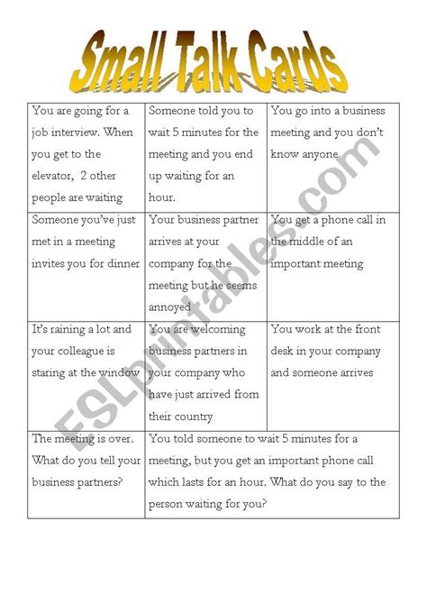 Small Talk Cards Worksheet Verbs Activities Train Activities Speaking