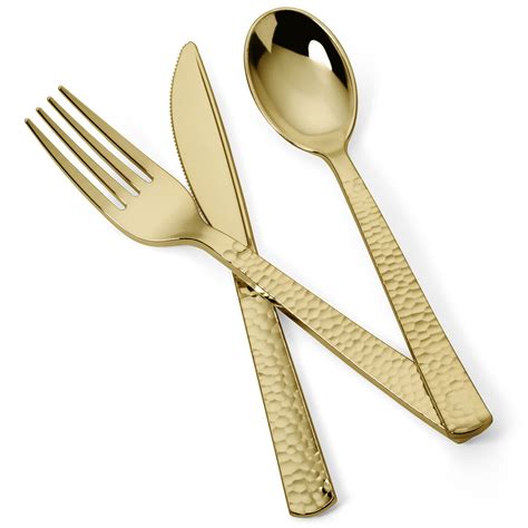 150 Piece Gold Hammered Finish Plastic Cutlery Utensil Set Metallic