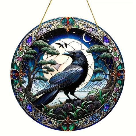 Moon Raven Suncatcher Witchy Crow Acrylic Round Sign Gothic Home Decor