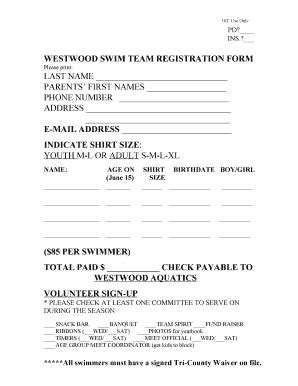 Fillable Online Westwood Swim Team Registration Form Fax Email Print