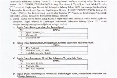 Ini Tiga Besar Hasil Akhir Seleksi Terbuka Jptp Pemkab Lebong