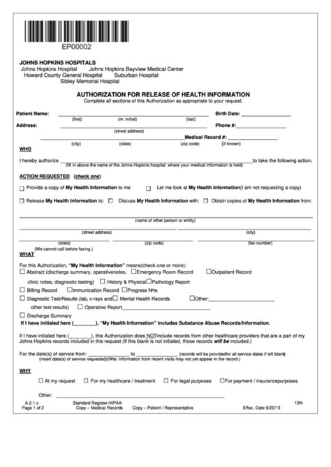 Fillable Authorization For Release Of Health Information Printable Pdf