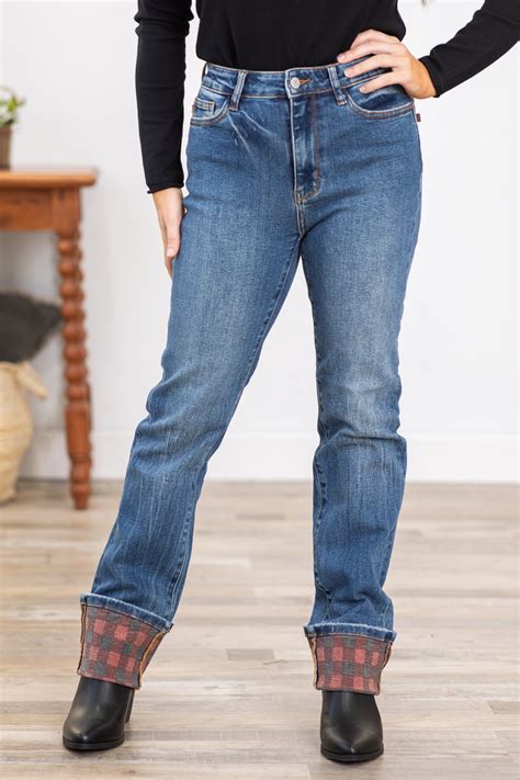 Judy Blue Plaid Print Cuff Straight Leg Jeans · Filly Flair