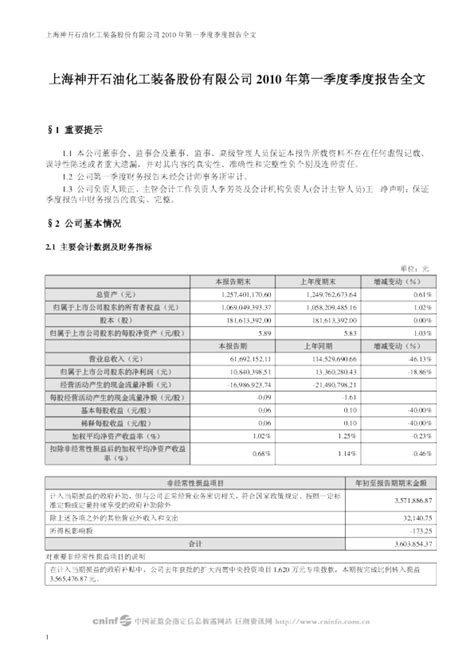 神开股份：2010年第一季度报告全文