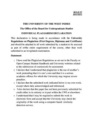 Uwi Plagiarism Form Fill Online Printable Fillable Blank Pdffiller