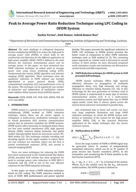 Irjet Peak To Average Power Ratio Reduction Technique Using Lpc Coding