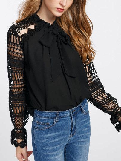 Shein Frilled Shoulder Lace Insert Peplum Top Lace Blouse Long Sleeve