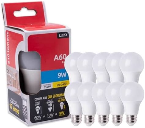 Kit 10 Lampadas Led 9W A60 Bivolt Base E27 Luz Branca 6500K 110V 220V G