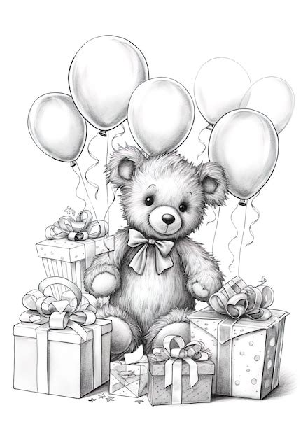 Premium Photo | A drawing of a teddy bear with balloons and a teddy ...