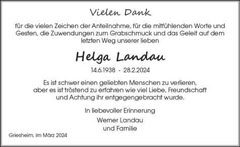 Traueranzeigen Von Helga Landau Vrm Trauer De