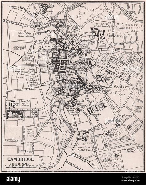 Cambridge and its colleges encircled by the Cam (1923 map Stock Photo ...