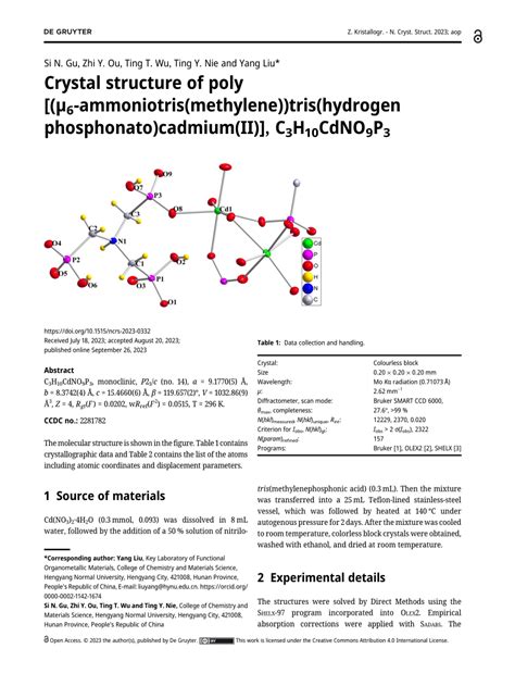 Pdf Crystal Structure Of Poly μ 6 Ammoniotrismethylenetrishydrogen Phosphonatocadmium