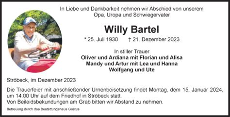 Traueranzeigen Von Willy Bartel Abschied Nehmen De