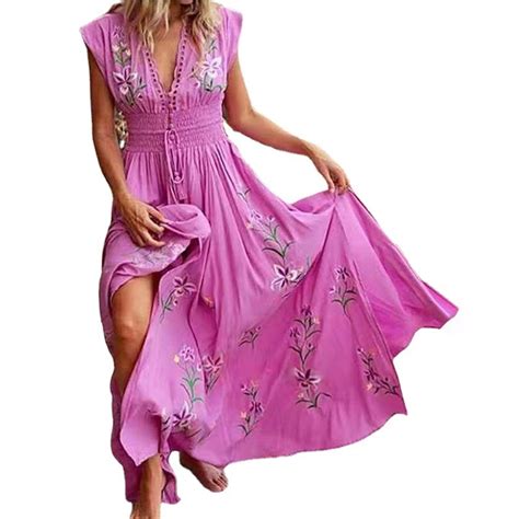 Tejiojio Summer Savings Wedding Guest Dresses Printing V Neck Bohemian