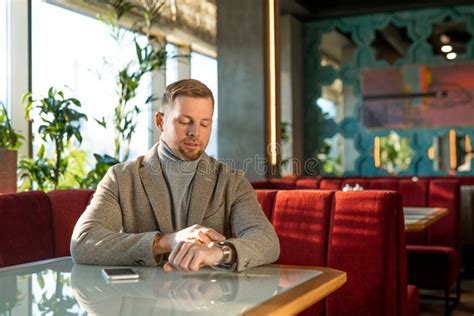 Man Waiting For Someone In Cafe Stock Image Image Of Smiling