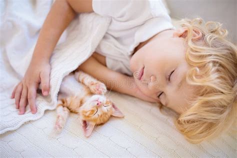 Baby Boy Sleeping with Kitten. Child and Cat Stock Photo - Image of ...