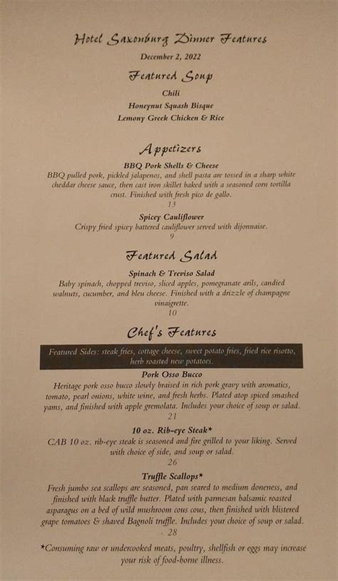 Menu at Hotel Saxonburg restaurant, Saxonburg